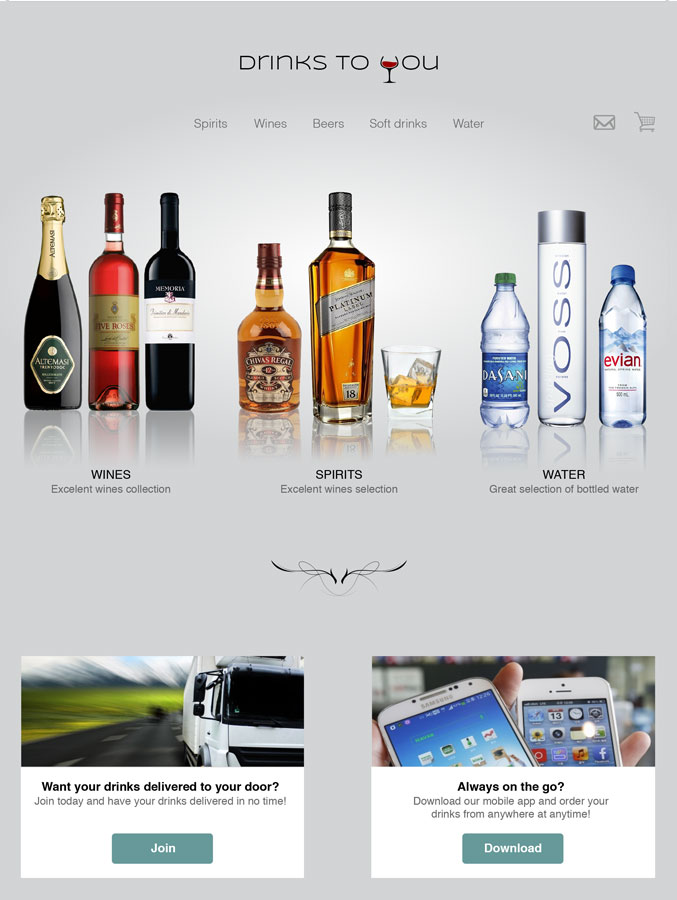 Drinks to You beverage delivery website UI/UX design - mobile-responsive interface