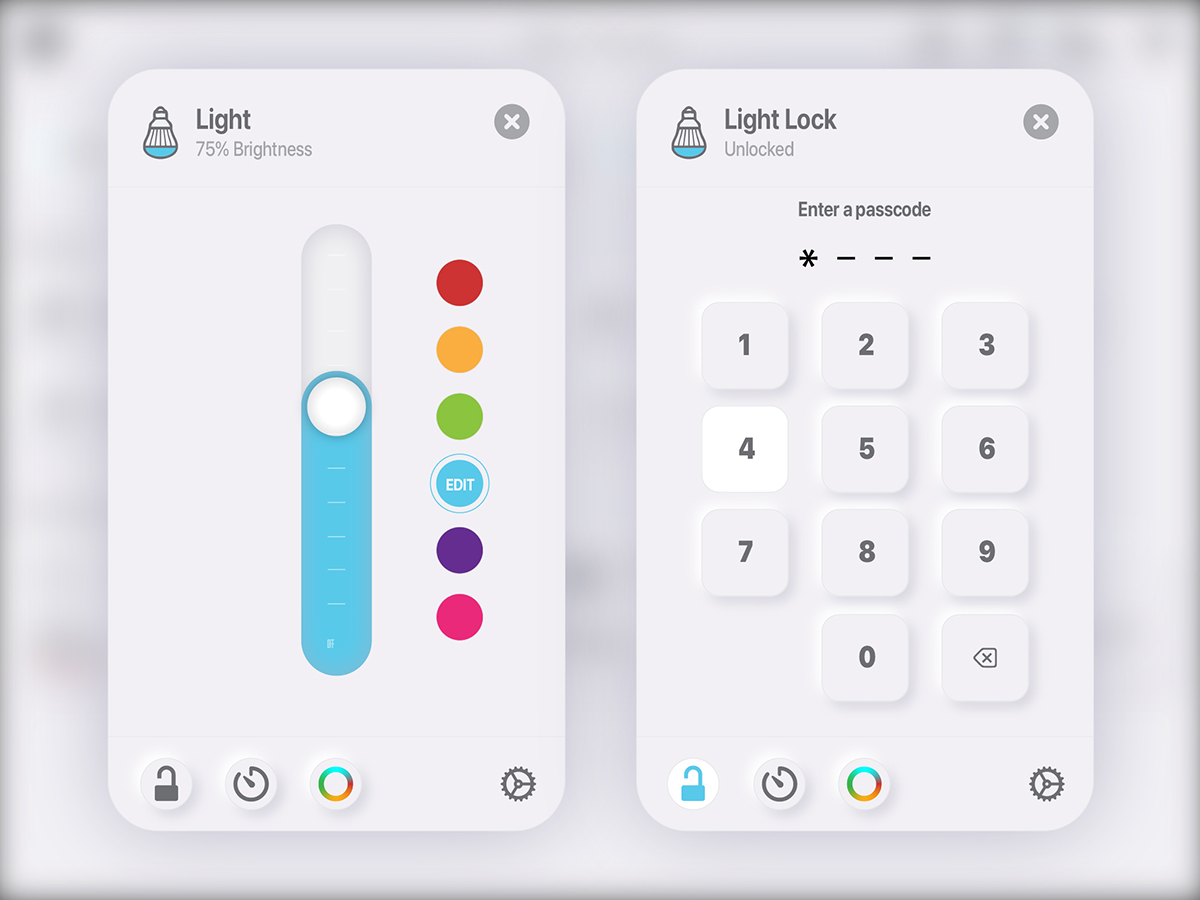 iKEON smart home app - device lock and brightness control mobile UI design