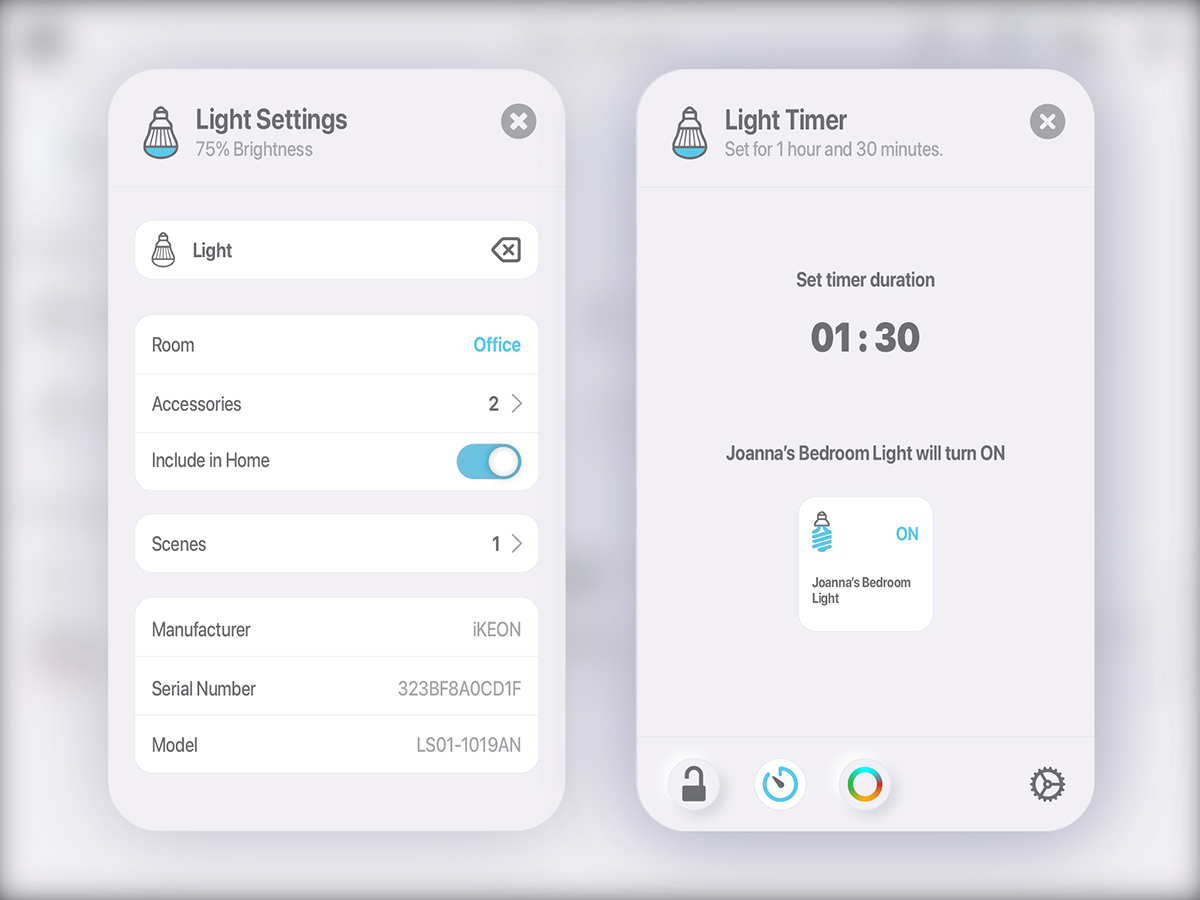 iKEON smart home app - device settings and pairing interface mobile UI design